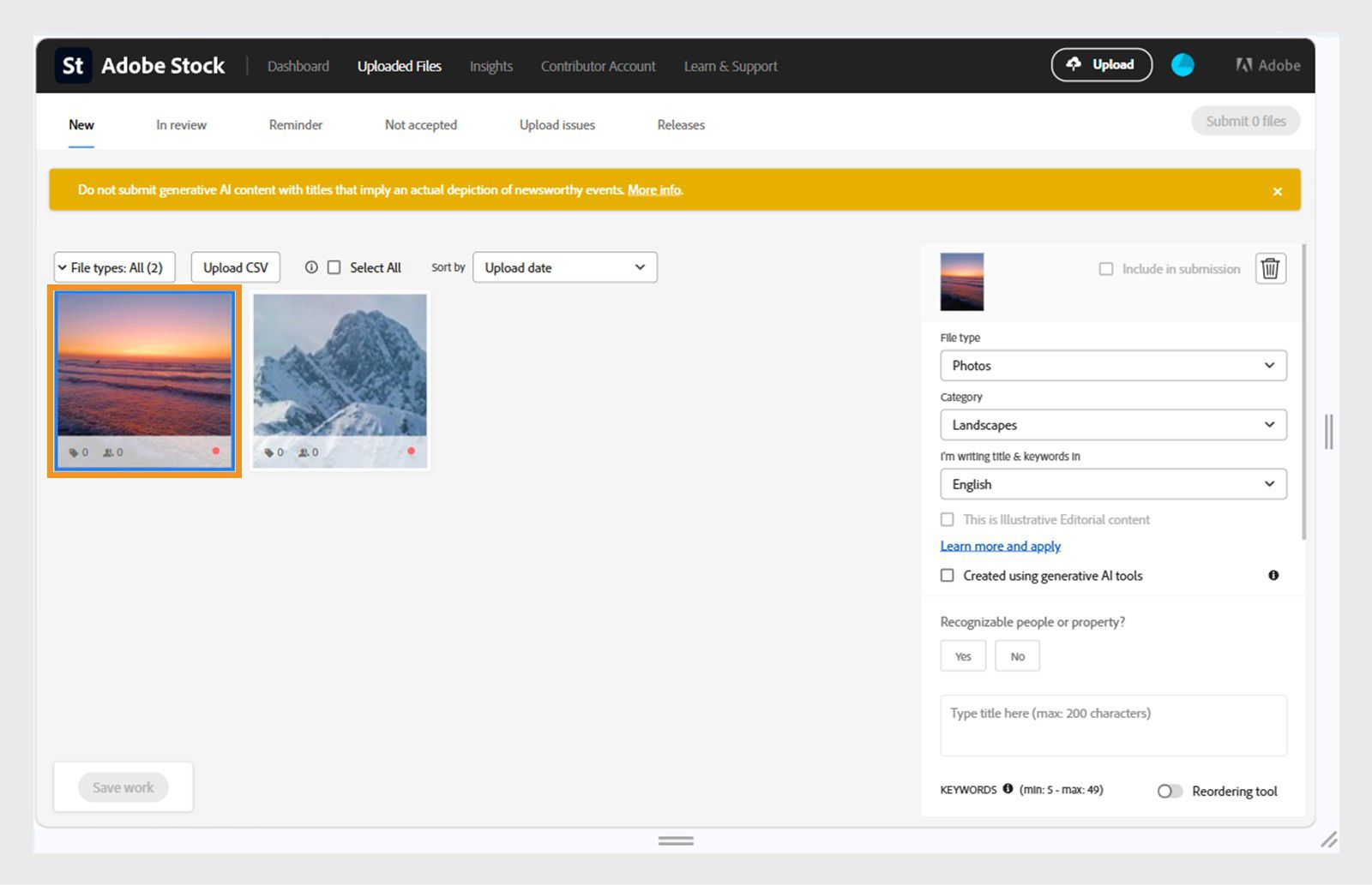 Seçili görüntüyle Adobe Stock Yüklenen Dosyalar sayfasının ekran görüntüsü, sağda dosya türü, kategori ve düzenleme için anahtar kelimeler gibi alanları gösteren meta veri paneli.