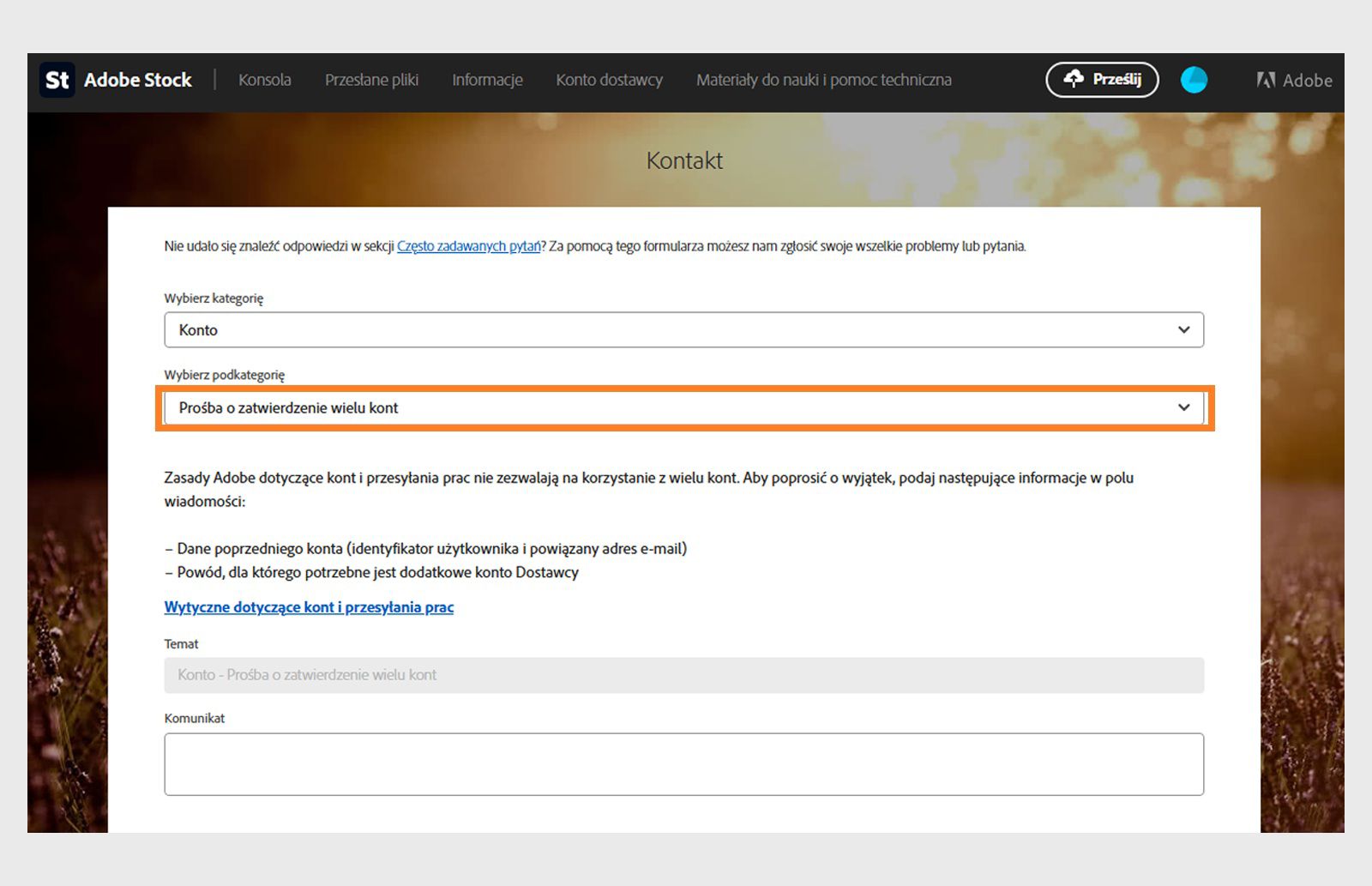 Zrzut ekranu formularza kontaktowego Adobe Stock pokazujący menu rozwijane podkategorii z wybraną opcją Prośba o zatwierdzenie wielu kont w kategorii Konto, wraz z polami tematu i wiadomości do przesłania prośby o wsparcie.