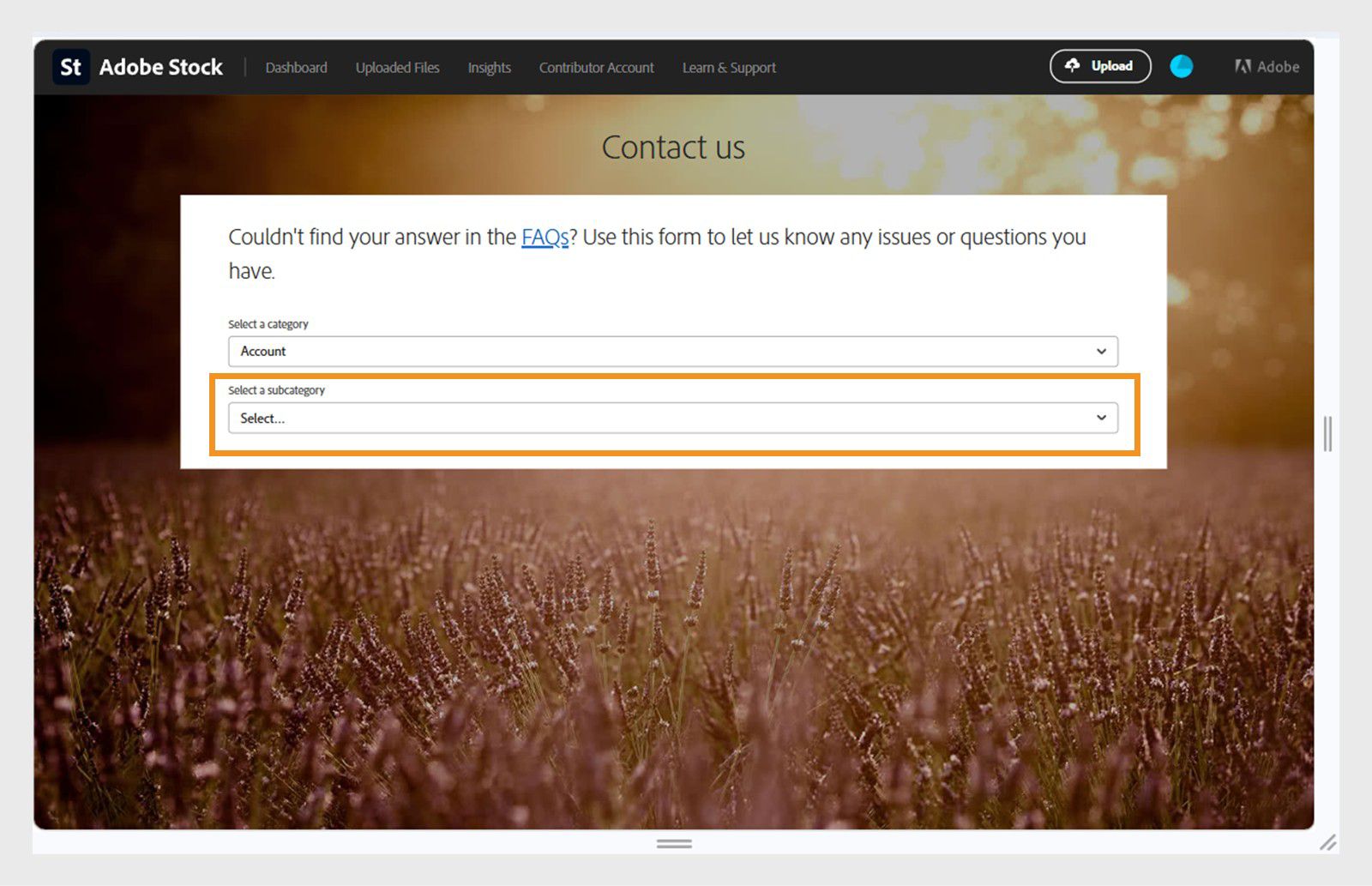Schermata del modulo di contatto di Adobe Stock che mostra il campo del menu a discesa della sottocategoria sotto la categoria Account selezionata, dove è possibile perfezionare l'argomento della richiesta di assistenza.