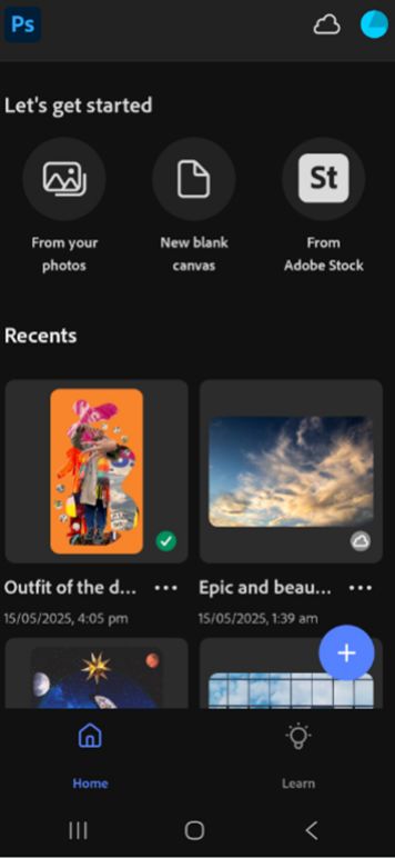 Screenshot of Photoshop on Android (Beta) showing the homescreen.