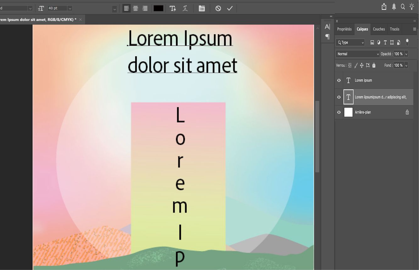 Copie d’écran d’un document Photoshop montrant du texte ponctuel horizontal et vertical. Le panneau Calques affiche plusieurs calques, avec un calque de texte sélectionné.