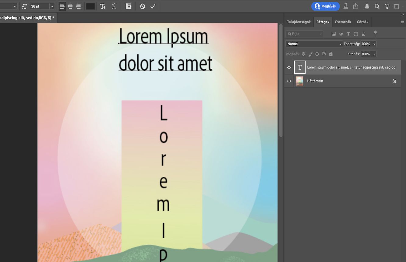 Képernyőkép egy Photoshop-dokumentumról, amely vízszintes és függőleges pontszöveget tartalmaz.A Rétegek panelen több réteg látható, közülük az egyik szövegréteg ki van emelve.