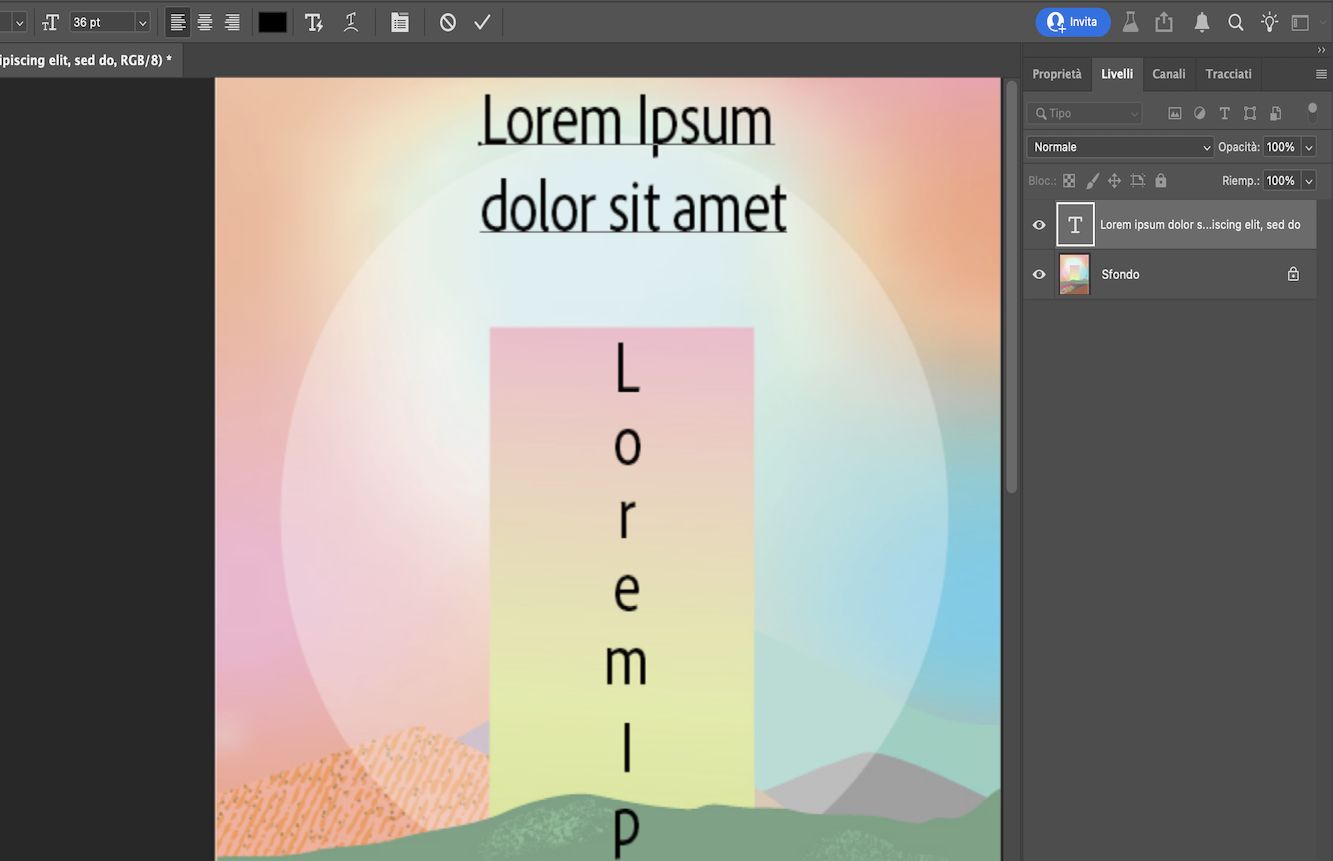 Schermata di un documento Photoshop che mostra testo puntuale orizzontale e verticale.Il pannello Livelli mostra più livelli, con un livello di testo evidenziato.