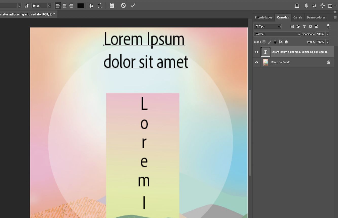 Captura de tela de um documento do Photoshop mostrando texto de ponto horizontal e vertical. O painel Camadas mostra várias camadas, com uma camada de texto destacada.
