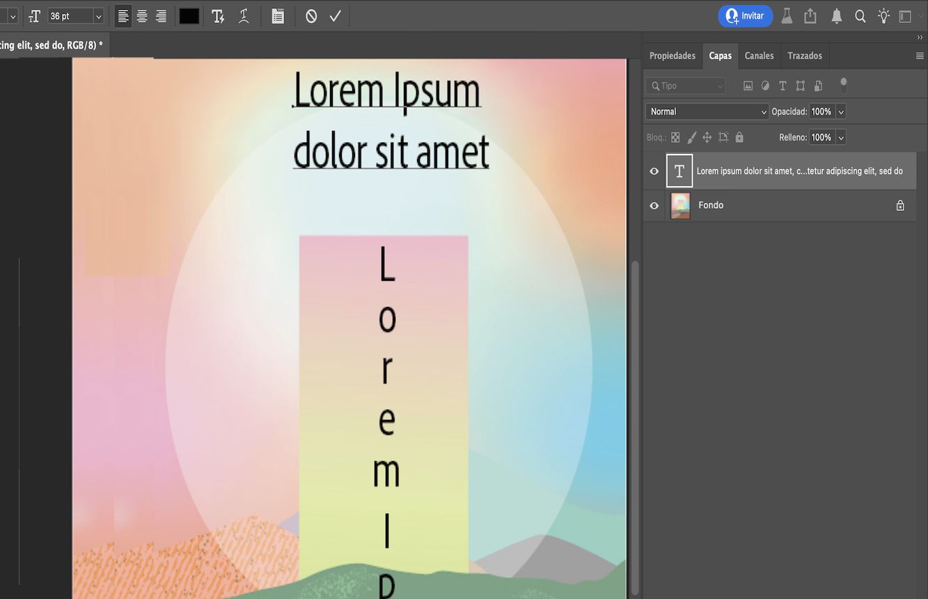 Captura de pantalla de un documento de Photoshop mostrando texto puntual horizontal y vertical.El panel Capas muestra múltiples capas, con una capa de tipo resaltada.
