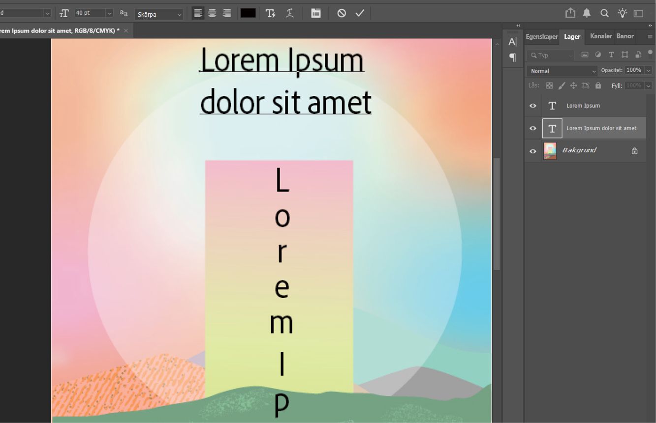 Skärmdump av ett Photoshop-dokument som visar vågrät och lodrät punkttext.Lagerpanelen visar flera lager, med ett textlager markerat.