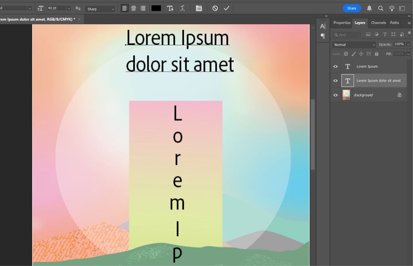 لقطة شاشة لمستند Photoshop تُظهر نصًا نقطيًا أفقيًا وعموديًا. تعرض لوحة Layers طبقات متعددة، مع تمييز طبقة نص واحدة.