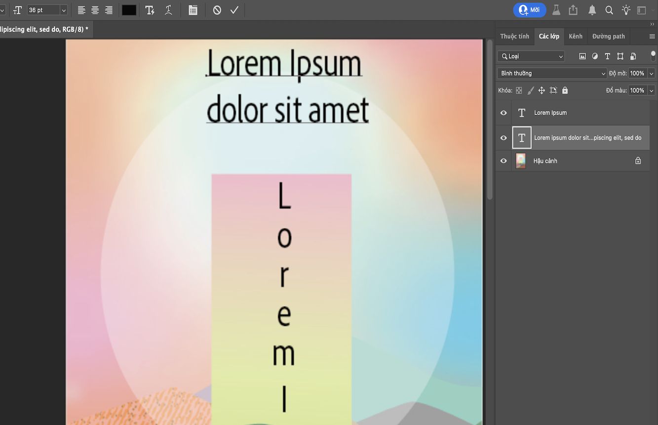 Ảnh chụp màn hình tài liệu Photoshop hiển thị văn bản điểm ngang và văn bản điểm dọc. Bảng Lớp hiển thị nhiều lớp, trong đó có một lớp nhập văn bản được làm nổi bật.