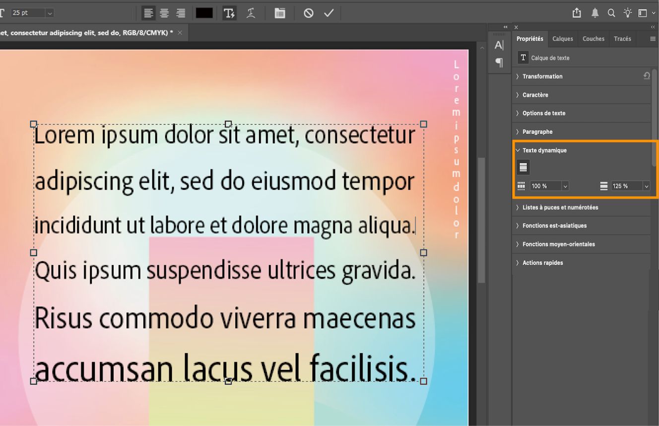 Copie d’écran d’un document Photoshop montrant du texte de paragraphe avec un cadre de sélection et le panneau Propriétés ouvert. La section Texte dynamique du panneau Propriétés est mise en évidence.