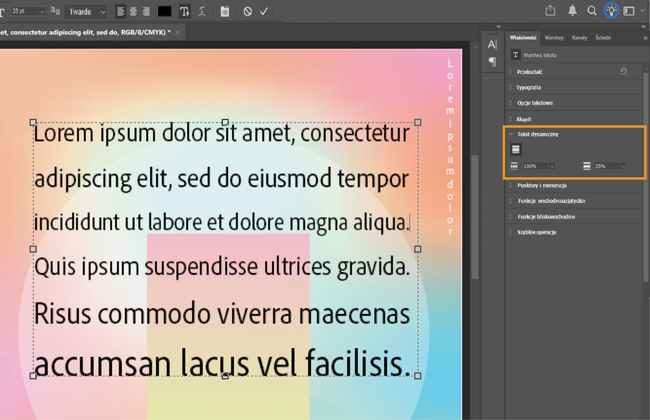 Zrzut ekranu dokumentu Photoshop pokazujący tekst akapitowy z obwiednią i otwartym panelem Properties.Sekcja Tekst dynamiczny w panelu Properties jest podświetlona.