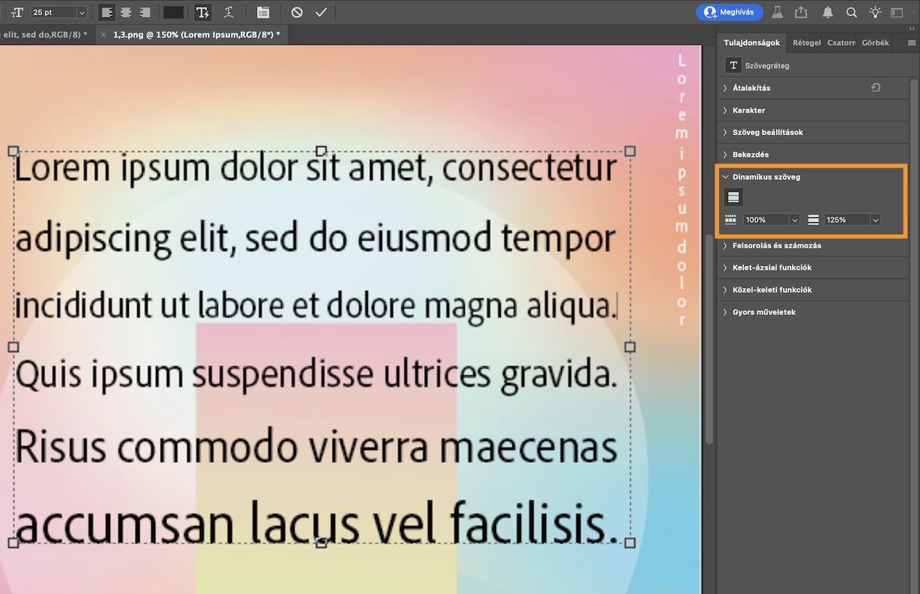 Képernyőkép egy Photoshop-dokumentumról, amely határolókerettel rendelkező bekezdésszöveget tartalmaz, mellette megnyitott Tulajdonságok panellel.A Tulajdonságok panel Dinamikus szöveg szakasza ki van emelve.