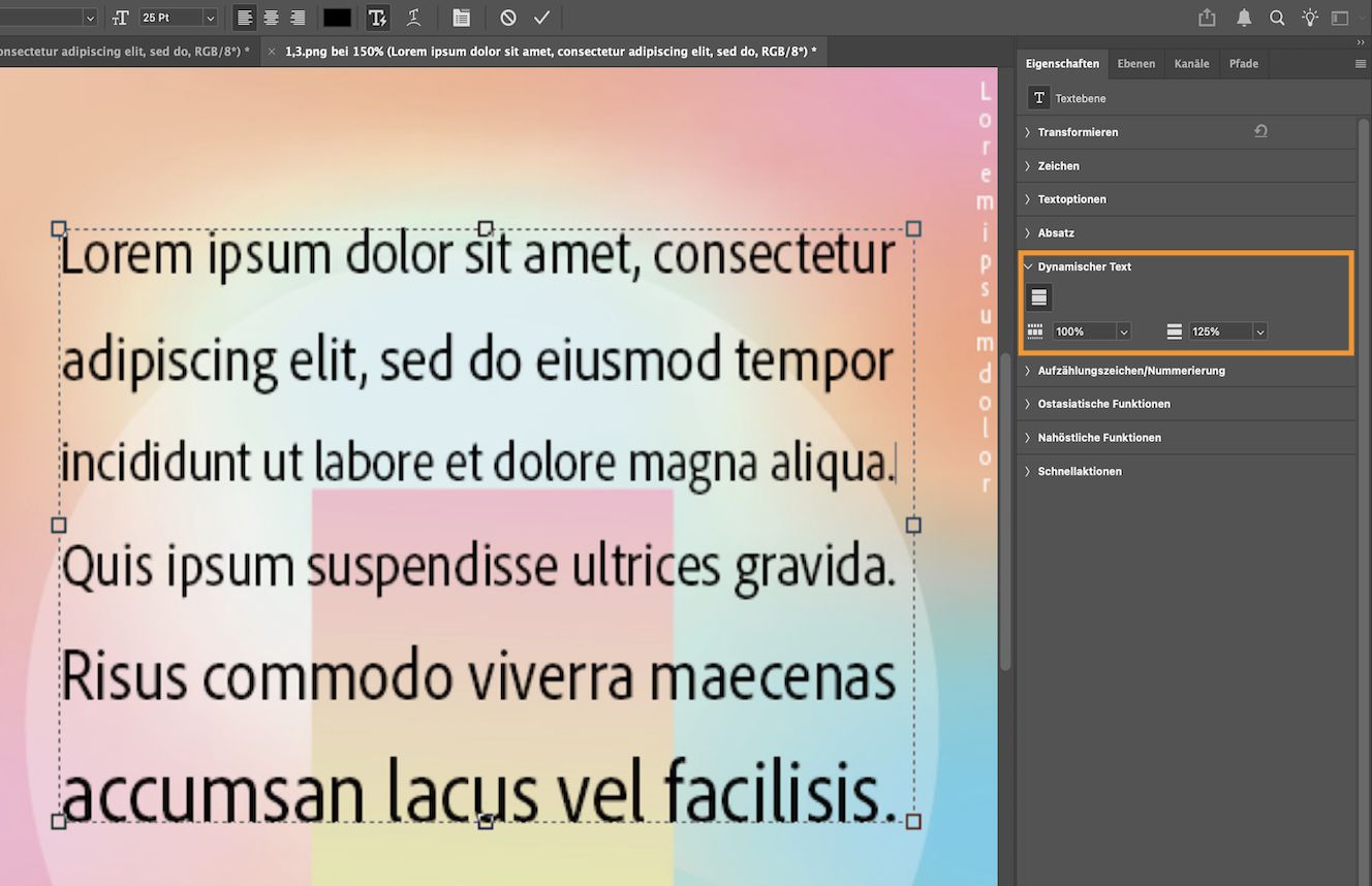 Screenshot eines Photoshop-Dokuments mit Absatztext mit einem Begrenzungsrahmen und dem geöffneten Eigenschaften-Bedienfeld. Der Bereich Dynamischer Text im Eigenschaften-Bedienfeld ist hervorgehoben.