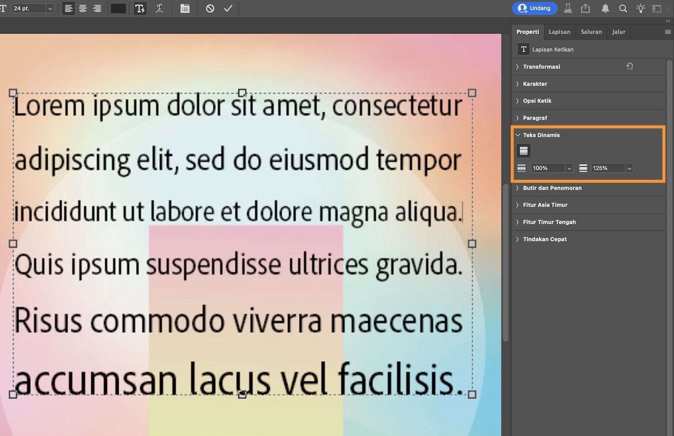 Screenshot dokumen Photoshop yang menampilkan teks paragraf dengan kotak pembatas dan panel Properti yang terbuka.Bagian Teks Dinamis pada panel Properti disorot.
