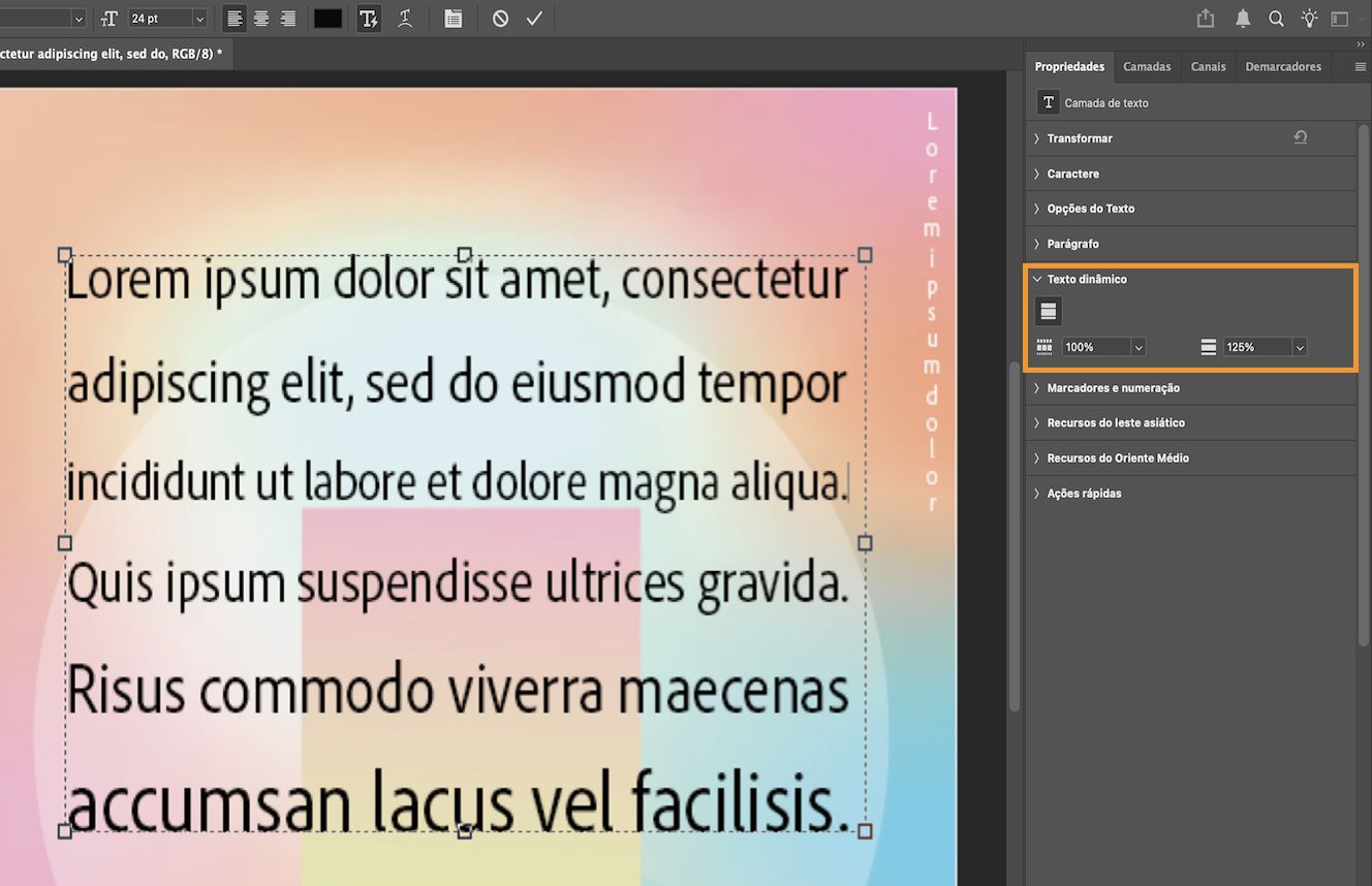 Captura de tela de um documento do Photoshop mostrando texto de parágrafo com uma caixa delimitadora e o painel Propriedades aberto. A seção Texto dinâmico do painel Propriedades está destacada.