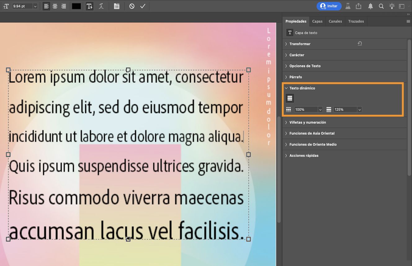 Captura de pantalla de un documento de Photoshop mostrando texto de párrafo con un Cuadro delimitador y el panel de Propiedades abierto.La sección de Texto Dinámico del panel de Propiedades está resaltada.