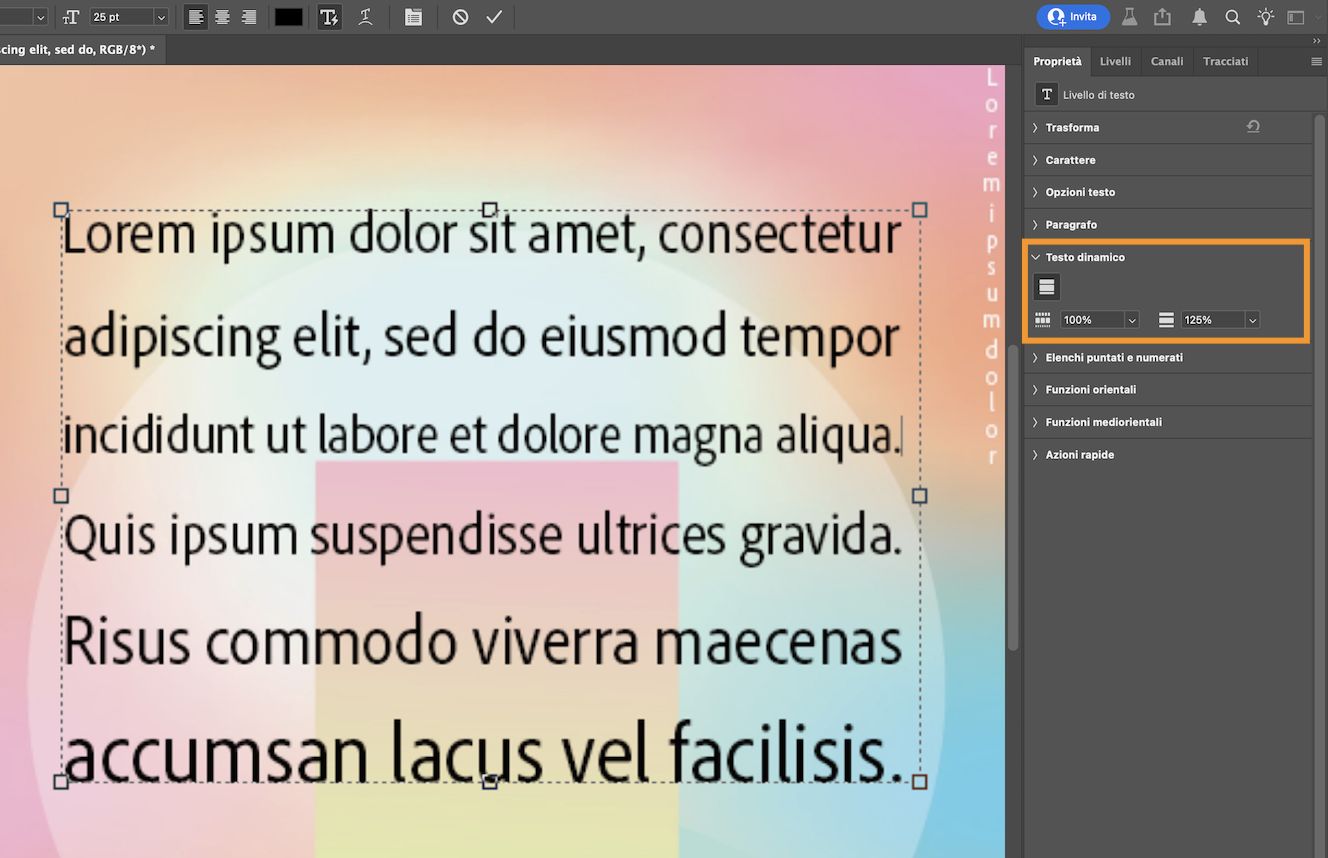Schermata di un documento Photoshop che mostra il testo del paragrafo con un rettangolo di selezione e il pannello Proprietà aperto.La sezione Testo dinamico del pannello Proprietà è evidenziata.