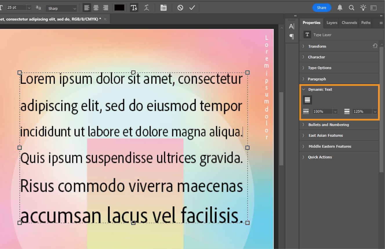 لقطة شاشة لمستند Photoshop تعرض فقرة نصية داخل مربع إحاطة مع فتح لوحة Properties. قسم Dynamic Text مميز في لوحة Properties.