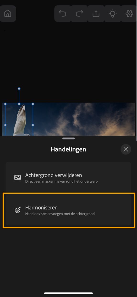 Screenshot van een document in Photoshop op iPhone met het deelvenster Handelingen geopend en de optie Harmoniseren gemarkeerd.