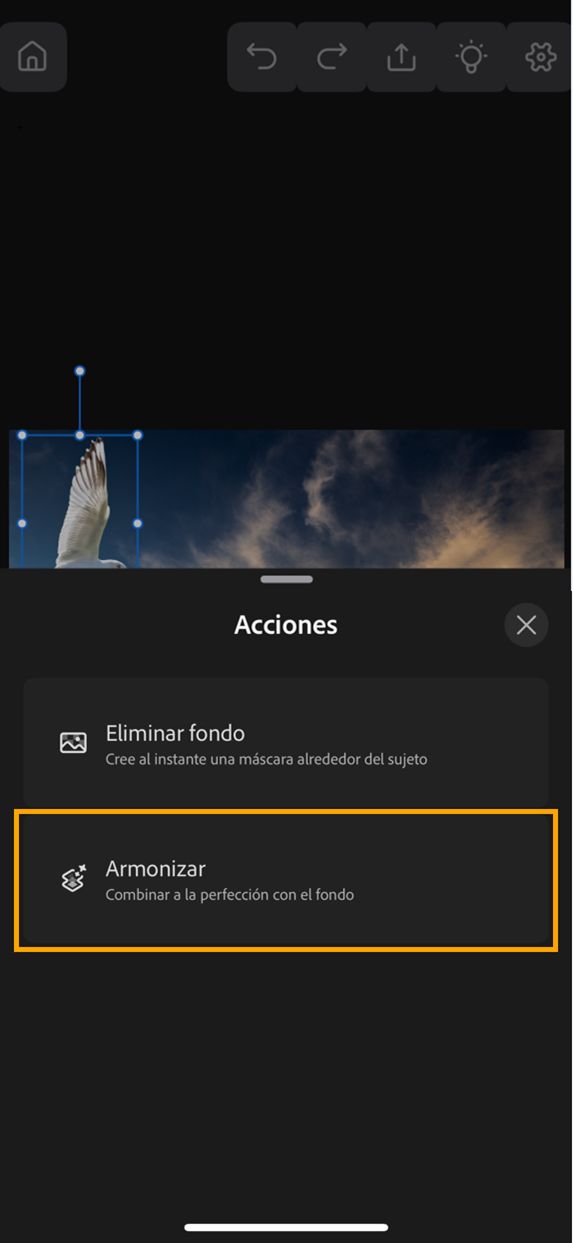 Instantánea de un documento en Photoshop en iPhone con el panel Acciones abierto y la opción Armonizar resaltada.
