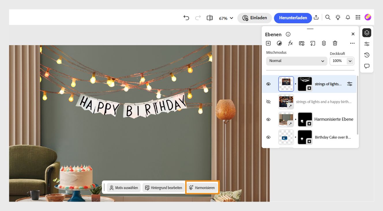 Screenshot eines Dokuments in der Web-Version von Photoshop. Das Hintergrundbild ist ein Zimmer und das Objektbild ist eine Lichterkette. Ein Banner ist ausgewählt.Das Ebenenbedienfeld ist geöffnet und zeigt das ausgewählte Bild an. Der Button „Harmonisieren“ ist in der kontextbezogenen Taskleiste hervorgehoben.