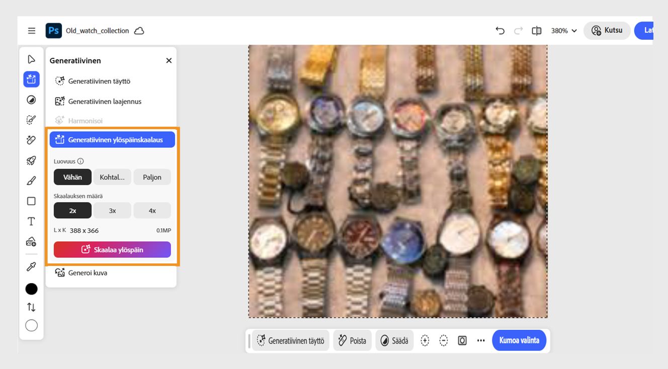 Näyttökuva Photoshopin verkkoversiossa avatusta pieniresoluutioisesta kuvasta, jonka Generoi-paneelissa näkyy Generatiivinen ylöspäinskaalaus -vaihtoehdot.