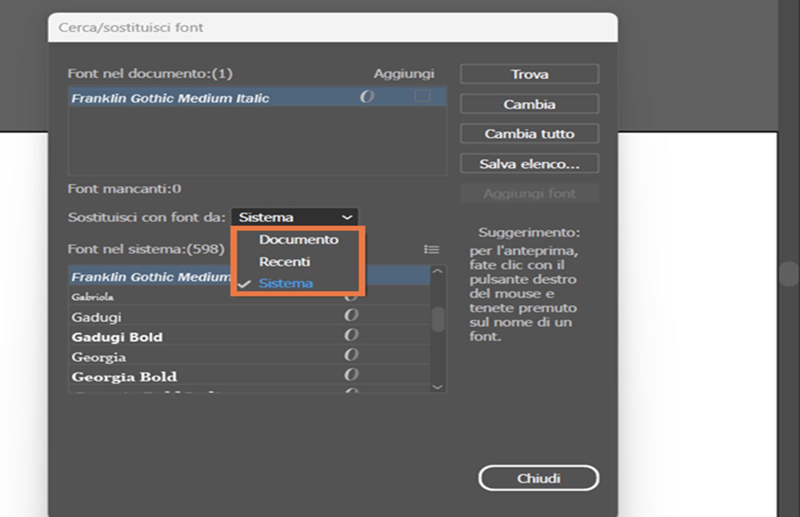 La finestra di dialogo Trova/Sostituisci font con il menu a discesa Sostituisci con font da evidenziato.