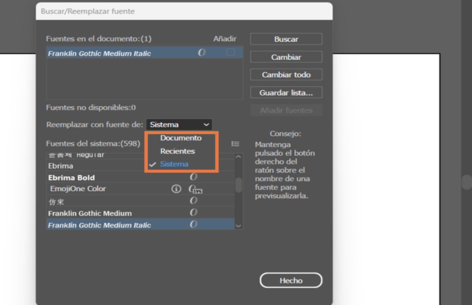 El cuadro de diálogo Buscar/Reemplazar fuente con el menú desplegable Reemplazar con fuente de resaltado.