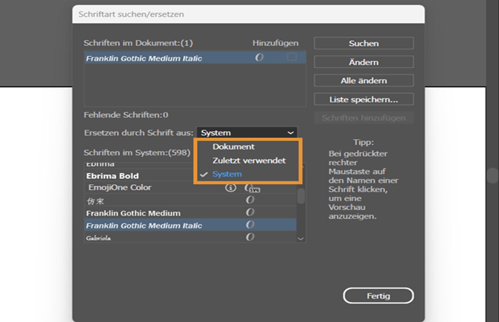 Das Dialogfeld „Schrift suchen/ersetzen“ mit hervorgehobenem Dropdown-Menü „Ersetzen durch Schrift aus“.