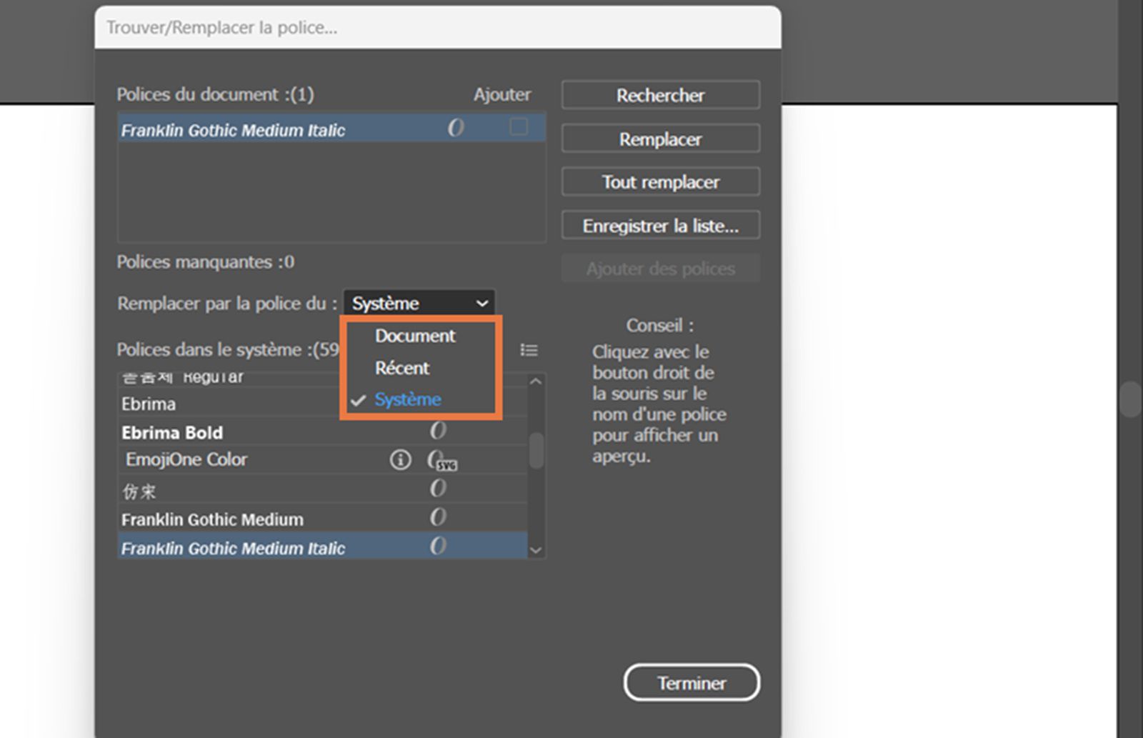 Boîte de dialogue Trouver/Remplacer la police avec le menu déroulant Remplacer par la police du en surbrillance.