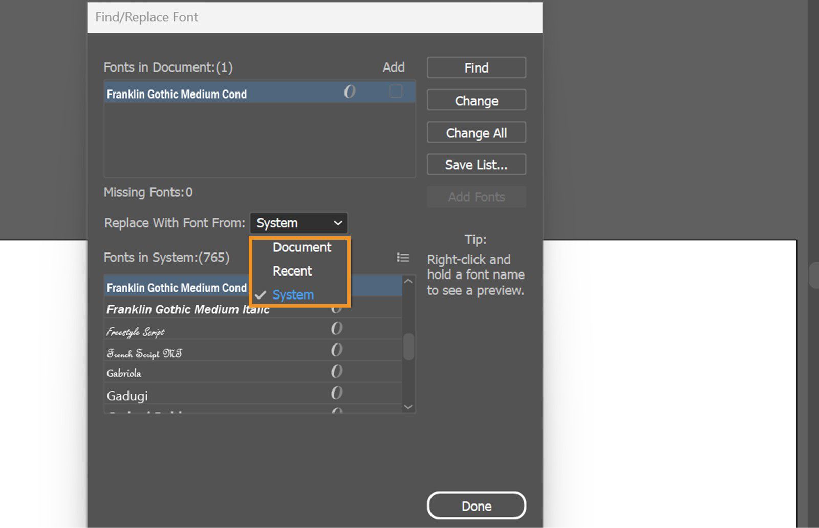 مربع الحوار البحث عن/استبدال الخط مع تمييز القائمة المنسدلة استبدال بخط من.
