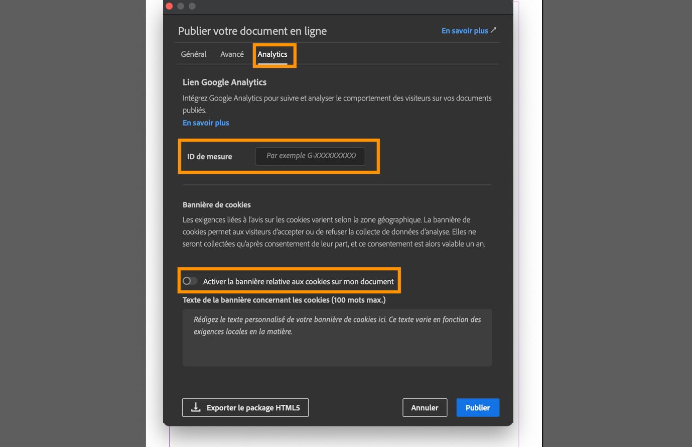 Copie d’écran présentant l’onglet Analytics avec le champ ID de mesure, l’option relative à la bannière de cookies et le champ de texte destiné au message de la bannière.
