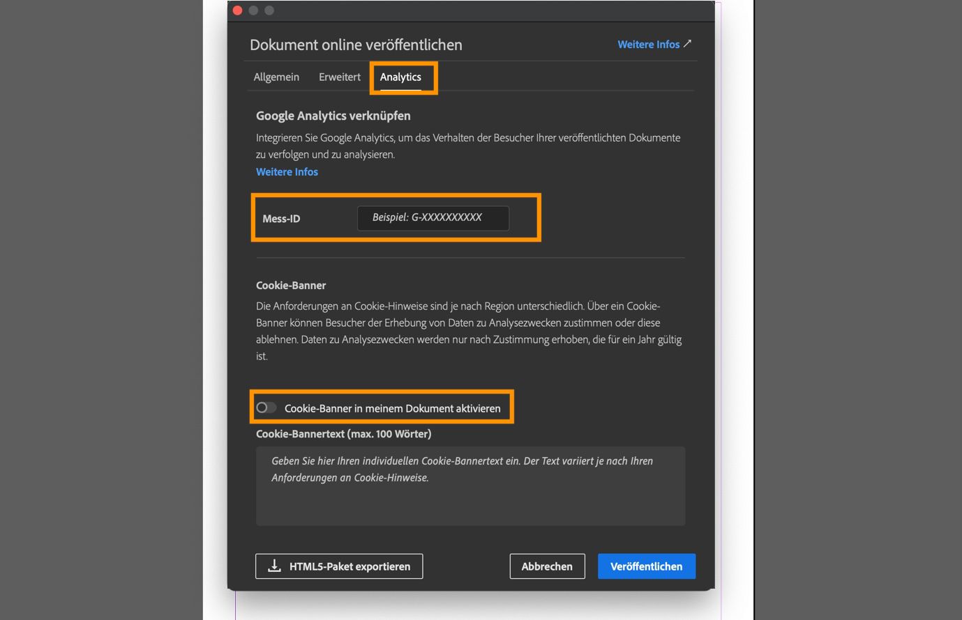 Der Screenshot zeigt die Registerkarte „Analytics“ mit dem Feld „Mess-ID“, der Option für ein Cookie-Banner und einem Textfeld für die Banner-Nachricht.