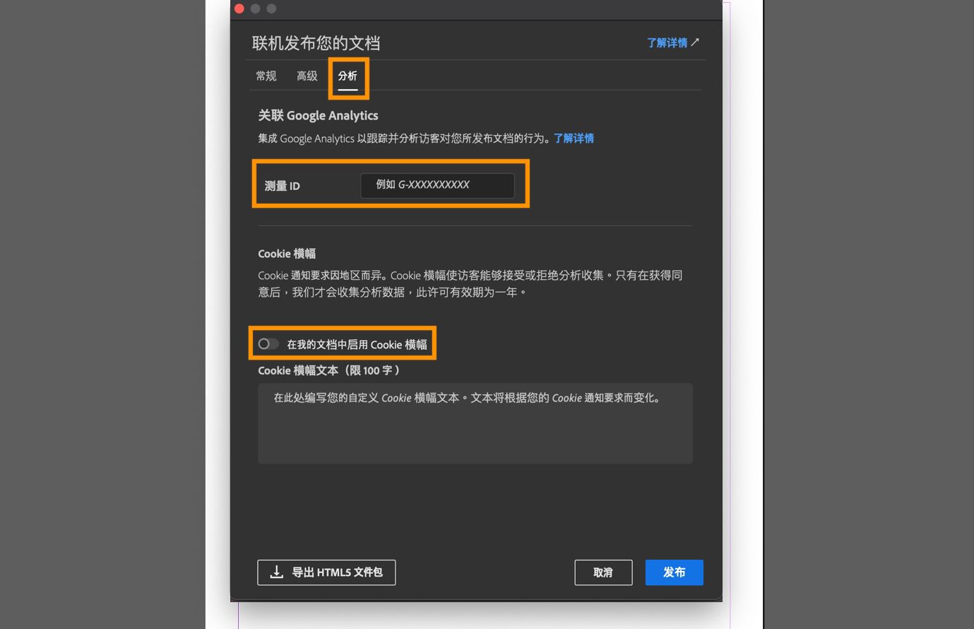 屏幕快照显示了“Analytics”选项卡，其中包含“测量 ID”字段、Cookie 横幅选项以及用于输入横幅消息的文本字段。