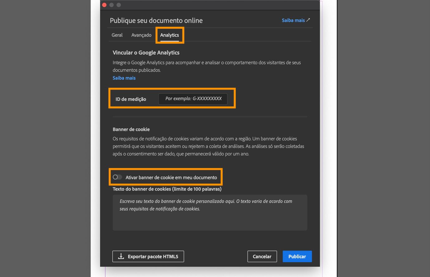 Captura de tela mostrando a guia Analytics com o campo ID de medição, a opção de banner de cookies e o campo de texto para a mensagem do banner.
