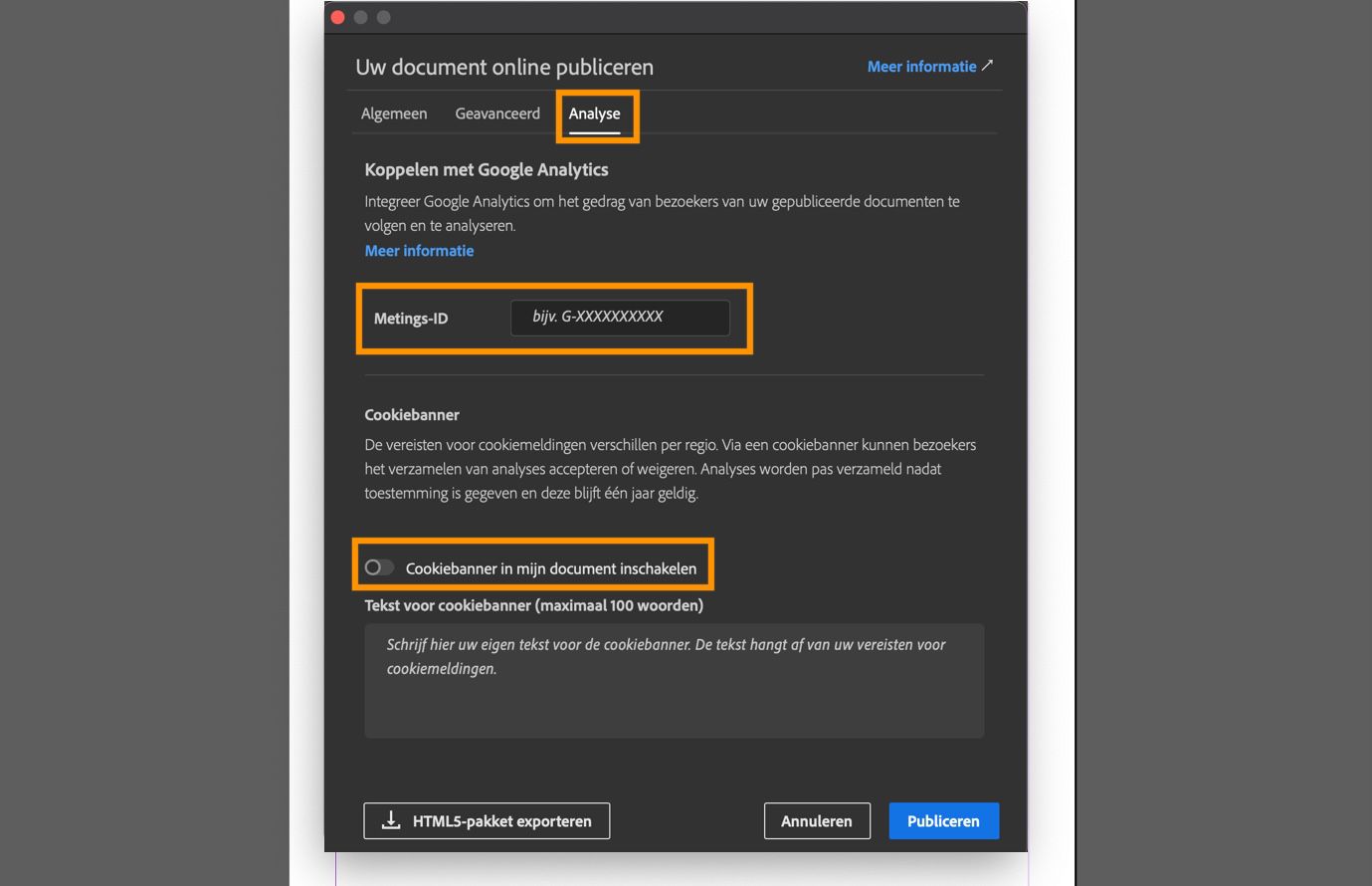 Screenshot met het tabblad Analytics met het veld Measurement ID, de optie voor cookie-banner en het tekstveld voor het bannerbericht.