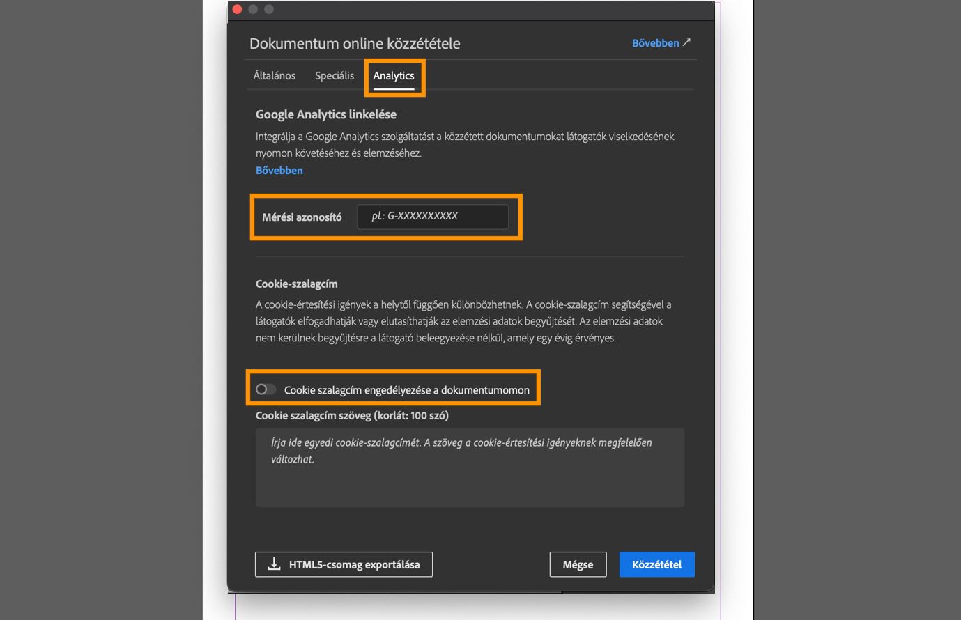 Képernyőkép az Analytics fülről, amely a mérési azonosító mezőt, a cookie banner opciót és a banner üzenet szövegmezőjét mutatja.