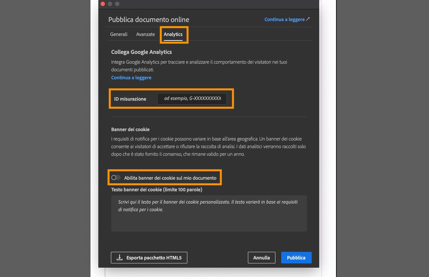 Schermata che mostra la scheda Analytics con il campo Measurement ID, l'opzione banner Cookie e il campo di testo per il messaggio del banner.