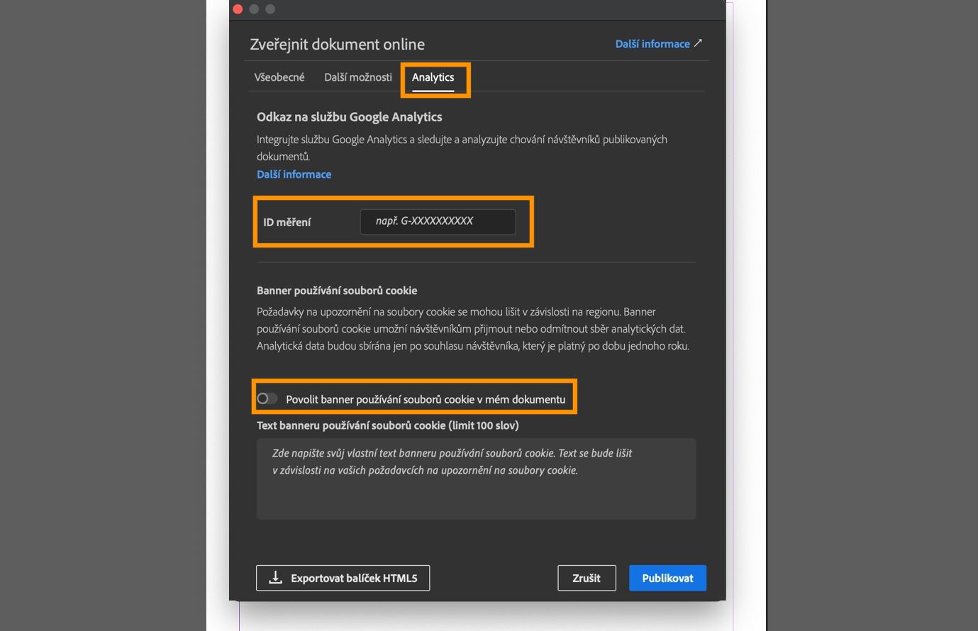 Snímek obrazovky zobrazující kartu Analytics s polem ID měření, možností banneru pro soubory cookie a textovým polem pro zprávu banneru.