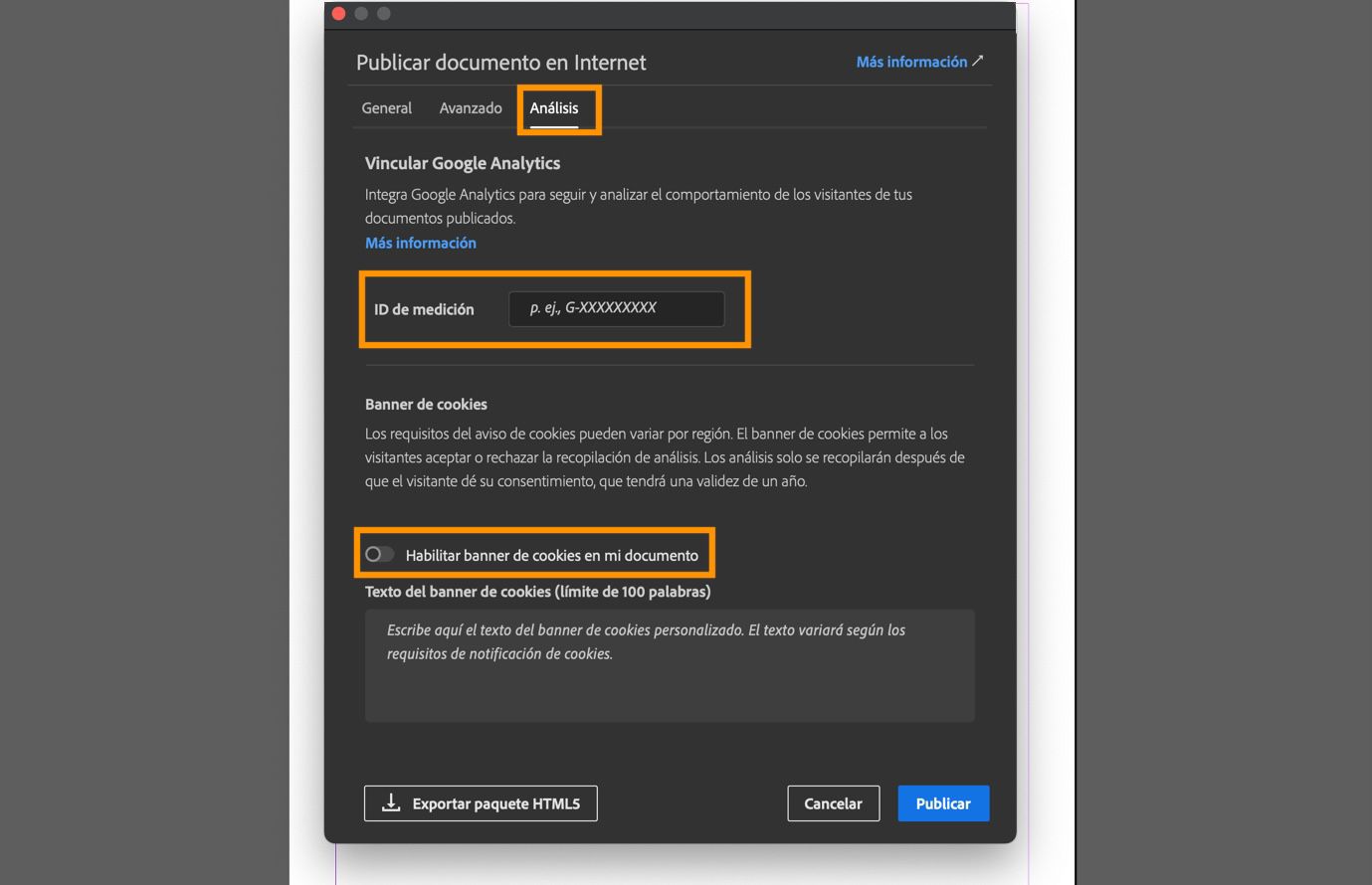 Captura de pantalla que muestra la pestaña Analytics con el campo ID de medición, la opción de banner de cookies y el campo de texto para el mensaje del banner.
