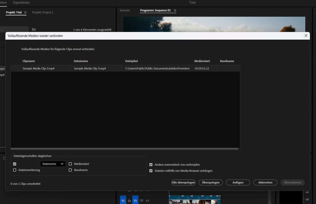 Das Dialogfeld „Vollauflösende Medien wieder verbinden“ ist geöffnet, das mit dem Dialogfeld „Proxys anhängen“ identisch ist, außer dass vollauflösende Clips angehängt werden.