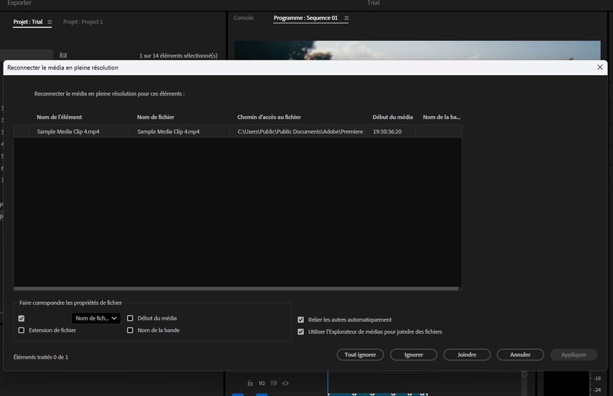 La boîte de dialogue Reconnecter le média en pleine résolution est ouverte, qui est identique à la boîte de dialogue Joindre les doublures à ceci près qu’elle joint des clips en pleine résolution.