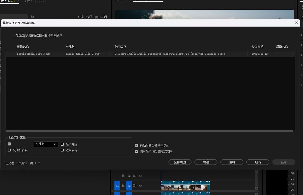 此时“重新连接全分辨率媒体”对话框已打开，其界面与“附加代理”对话框相同，区别在于它用于连接全分辨率剪辑。