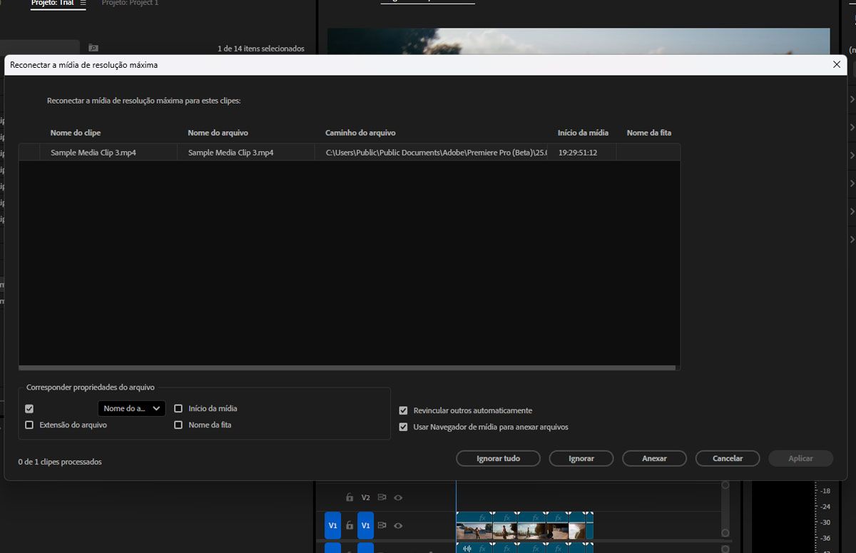 A caixa de diálogo “Reconectar mídia com resolução total” está aberta, que é idêntica à caixa de diálogo “Anexar proxies”, exceto pelo fato de que ela anexa clipes com resolução total.