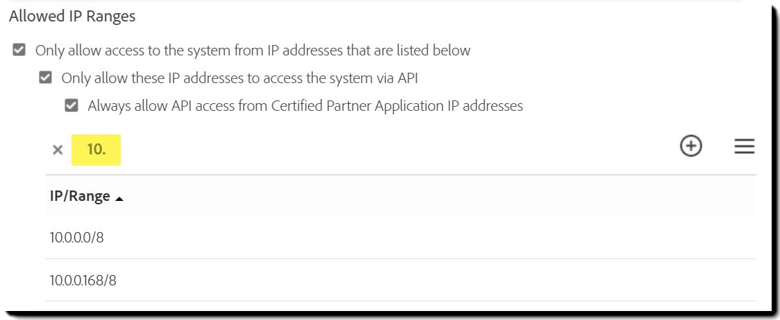 検索フィールドが入力された「許可する IP 範囲」コントロールと、結果の IP 範囲が表示されています。