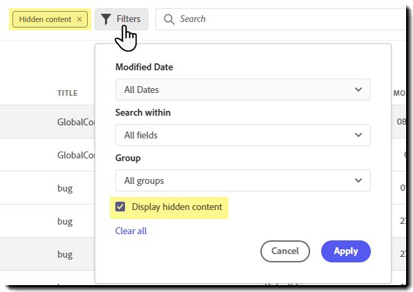 Filtro de búsqueda con la opción &quot;Mostrar contenido oculto&quot; resaltada