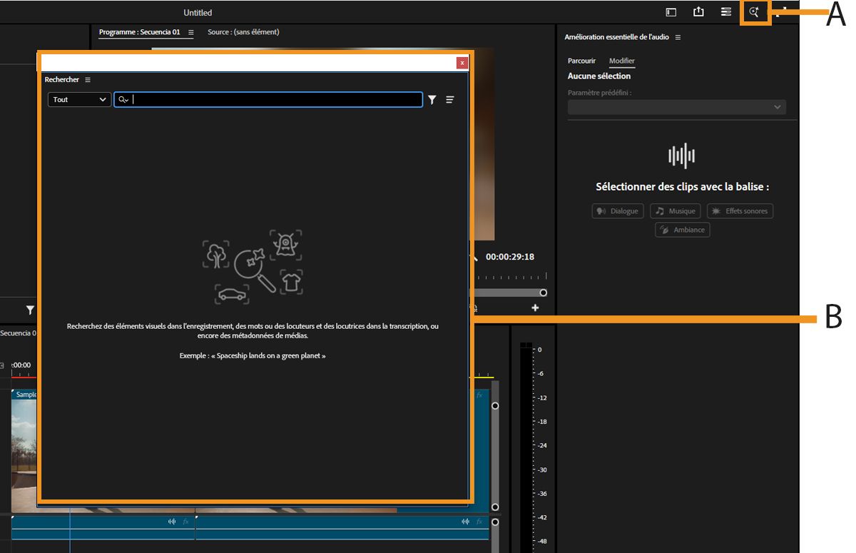 L’icône de loupe s’affiche dans l’angle supérieur droit de la fenêtre principale de Premiere Pro qui ouvre la fenêtre de recherche avec un champ de recherche.