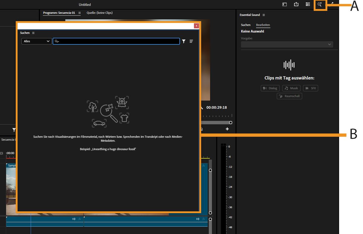 In der Benutzeroberfläche ist oben rechts im Hauptfenster von Premiere Pro das Lupensymbol hervorgehoben, über das das Suchfenster mit einem Suchfeld geöffnet wird.