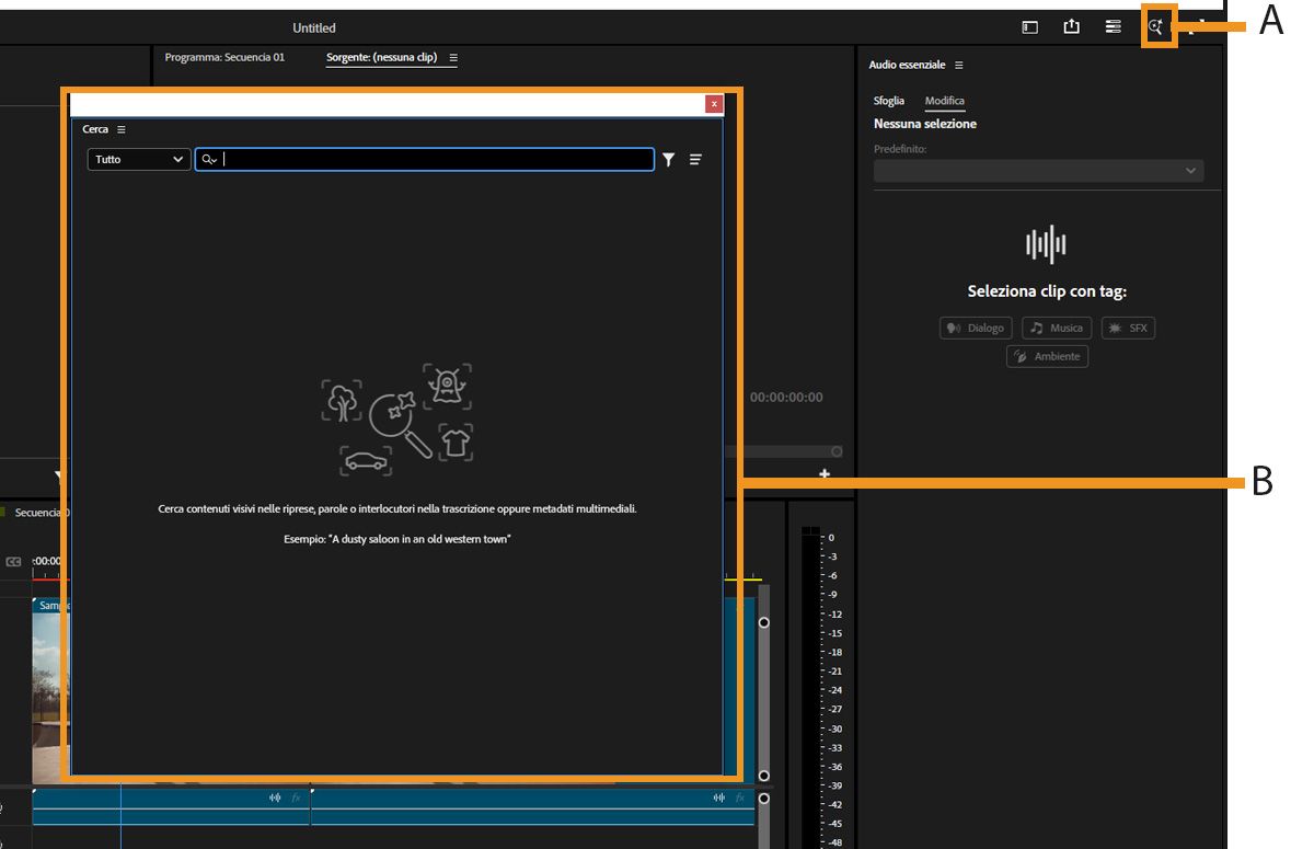L'icona della lente d'ingrandimento nell'angolo in alto a destra della finestra principale di Premiere è evidenziata, aprendo la finestra di ricerca con un campo di ricerca.