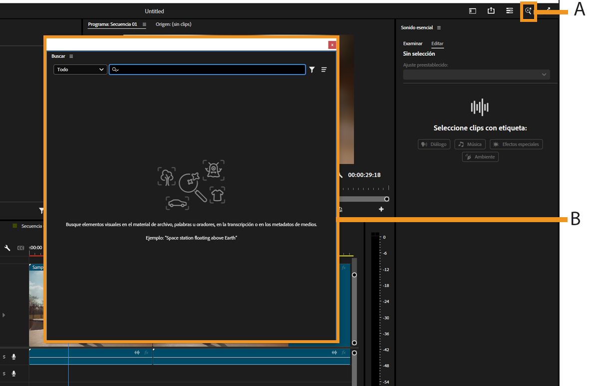 Se resalta el icono de la lupa en la esquina superior derecha de la ventana principal de Premiere, abriendo la ventana de búsqueda con un campo de búsqueda.