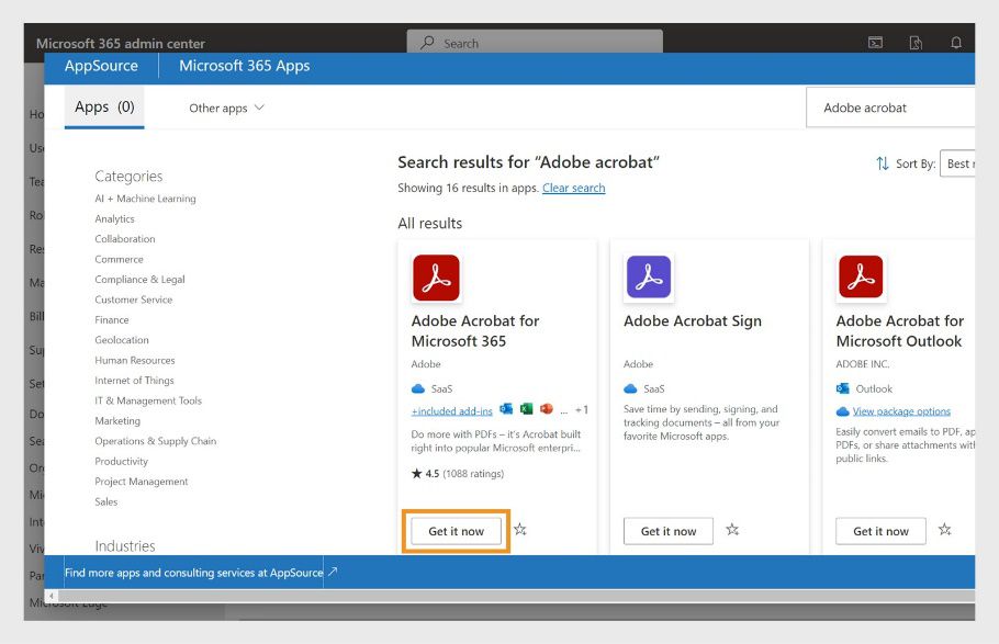 Nagpapakita ang resulta ng paghahanap ng lahat ng app na may kaugnayan sa Adobe Acrobat. Na-highlight ang "Get in now" button para sa Adobe Acrobat for Microsoft 365 app.